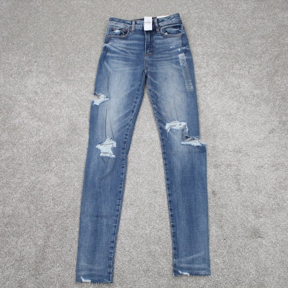 American Eagle Distressed Jeans NWT Women 00, 24Wx30" Blue Super Stretch Jegging